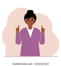 Joyful woman, with two hands shows a thumbs up sign everything is okay. Make, consent, approval, success. Vector flat illustration