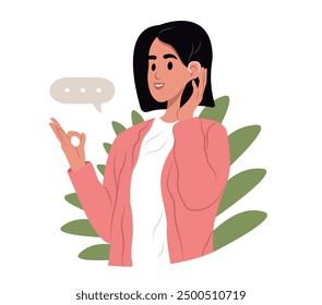 Mujer alegre utiliza un audífono y experimenta el sonido. La persona que ha perdido la audición utiliza el lenguaje de señas. Ilustración vectorial.