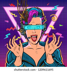 joyful woman in VR glasses. Pop art retro vector illustration vintage kitsch