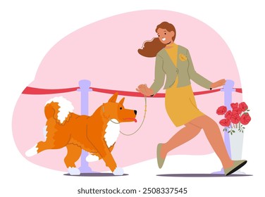 Joyful Woman Walks Her Fluffy Dog At A Dog Show Event. Cartoon Vector Scene Is Characterized By A Sense Of Excitement And Celebration, With Red Ribbons And Flowers Adding To Festive Atmosphere