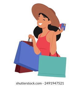 Joyful Woman Wearing Hat And Red Dress Holds Multiple Shopping Bags And Credit Cards. She Appears Excited And Satisfied With Her Shopping Experience. Concept Of Retail Therapy, Consumerism Lifestyle