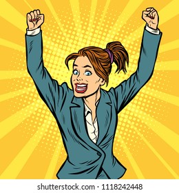 joyful woman winning hand gesture up. Pop art retro vector illustration vintage kitsch drawing