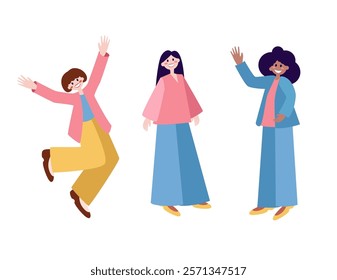 Joyful women celebrating together with cheerful expressions in a colorful illustration depicting friendship. Vector.