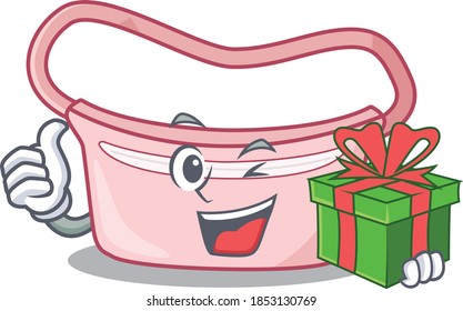 joyful women waist bag cartoon character with a big gift box