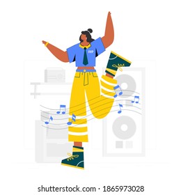 Joyful women wearing uniforms and headphones, listening to music, and dancing. happy women using audio player isolated on white background. Flat cartoon vector illustration.