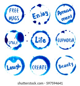Joyful Words collection of round watercolor stains with free hugs, smile, laugh, enjoy, euphoria, amusement, create, life, beauty text. Set of vector Joyful Words stamps.