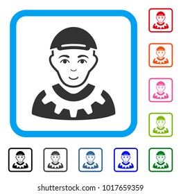 Joyful Worker vector icon. Person face has enjoy sentiment. Black, gray, green, blue, red, orange color versions of worker symbol in a rounded square. A guy wearing a cap.