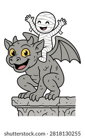 Joyful wrapped mummy playing on grey stone gargoyle gargoyle perched on masonry ledge.