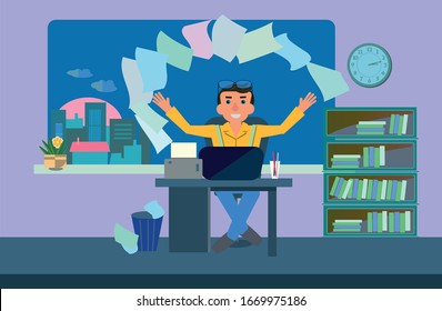 Joyful writer, copywriter sits at a table in the room, morning outside the window. Printed sheets with his work fly out of the printer. The concept of the end of a long creative literary work. Vector