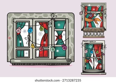 Alegres marcos de ventana de Navidad con lámparas. Ilustración de luces de ventana de Navidad acogedora
