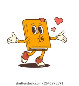 Joyful yellow book character with cheerful expression blowing kiss with red hearts and spreading arms in friendly emotional gesture. Perfect for love and education themes. Vector illustration
