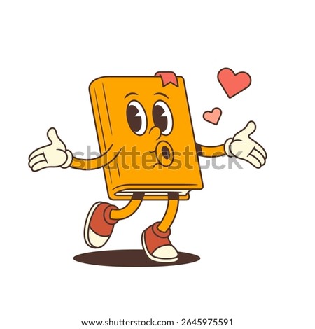 Joyful yellow book character with cheerful expression blowing kiss with red hearts and spreading arms in friendly emotional gesture. Perfect for love and education themes. Vector illustration