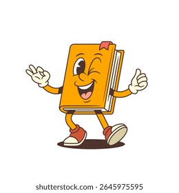 Joyful personagem de livro de desenhos animados amarelo com um wink e sorriso amigável fazendo um gesto OK com a mão. Perfeito para temas de educação, sucesso e encorajamento. Ilustração vetorial