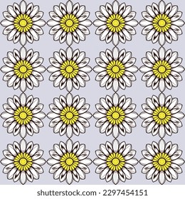 Alegre estampado floral amarillo y blanco con motivos margaritos en semitono, estilizado y detallado diseño sobre fondo de tela azul sin costura.