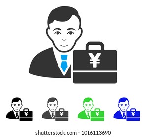 Joyful Yen Accounter vector icon. Vector illustration style is a flat iconic yen accounter symbol with grey, black, blue, green color versions. Human face has enjoy mood.
