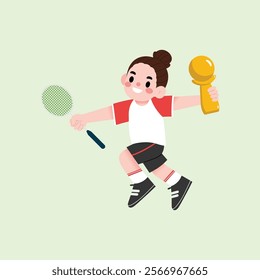 Joyful Young Badminton Player Winning Trophy Cartoon Illustration