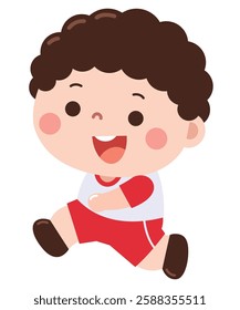 A joyful young boy with curly hair dressed in a white and red sports outfit, enthusiastically running forward.