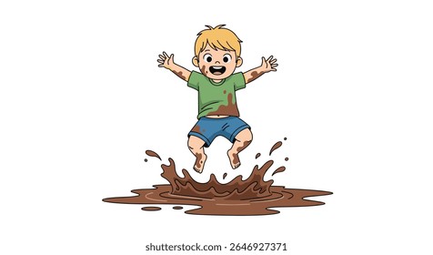 Joyful young boy happily jumping splashing mud and having outdoor fun on a sunny day