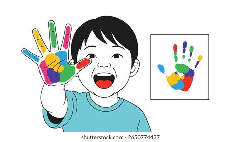 Joyful young boy presents colorful handprint art with enthusiasm and delight