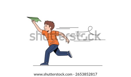 Joyful young boy running fast in an open field launching a green paper airplane into the clear blue sky