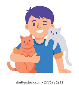 A joyful young boy winks while holding an adorable orange cat in his arms and carrying a small white kitten on his shoulder. Perfect for pet care and animal themes.