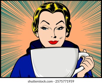 Joyful Young Businesswoman Playfully Holding an Oversized Cup of Tea or Coffee in a Whimsical Comic Book Pop Art Style – Retro Vintage Illustration