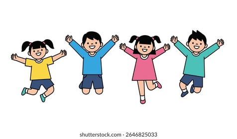 Jovens crianças alegres saltando com felicidade e movimentos energéticos em uma ilustração viva representando o entusiasmo infantil e atividades lúdicas