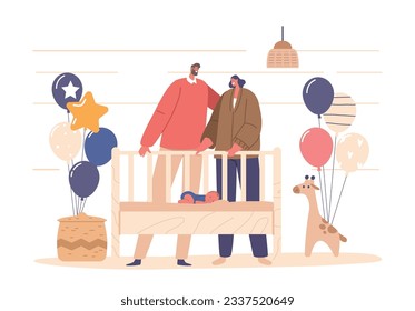Joyful Young Couple Characters Admire Their Sleeping Newborn Baby, Radiating Love And Happiness, Vector Illustration