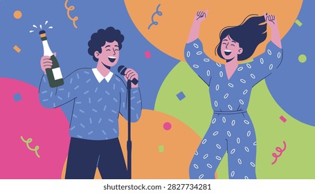 Joyful young couple singing and dancing with a bottle of champagne at a colorful celebratory party.