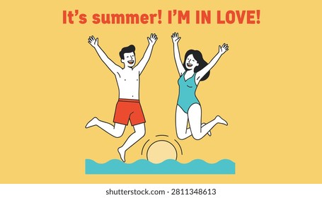 Joyful young couple in swimsuits jumping high above the sea water during a romantic summer sunset on the beach.