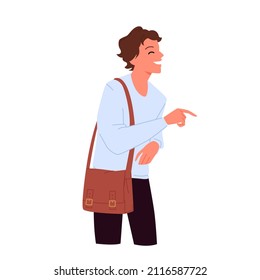 Joyful young cute boy loudly laughing and finger pointing pose. Smiling male student teenager with bag having fun on jokes and humorous stories vector cartoon illustration