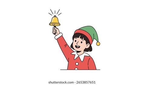A joyful young elf rings a golden christmas bell spreading holiday cheer and merriment