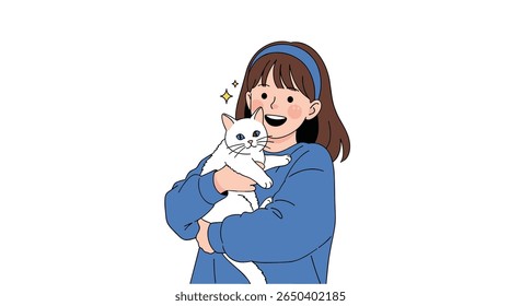 Joyful young girl with brown hair and blue headband lovingly embraces a fluffy white cat