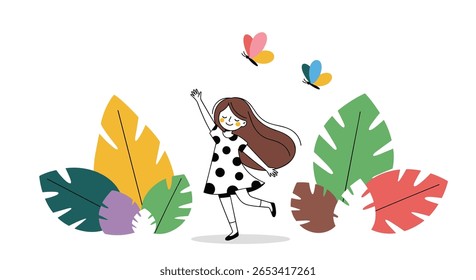 A joyful young girl dancing amongst lush greenery and colorful butterflies on a sunny day