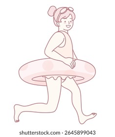 A joyful young girl happily enjoys a sunny day at the beach while playing with her colorful flotation ring