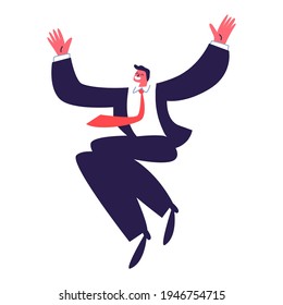 Joyful young man. Active successful businessman jumping in a dark suit with a red tie. Vector illustration of isolated happy person on a white background.
