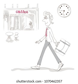 Joyful young man in business suit or clerk goes to work in the office in the morning. Everyday life of an office employee. Vector illustration, cartoon style