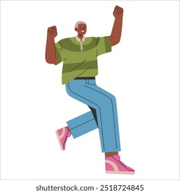 Joyful young man celebrating success with a cheerful dance move. Business casual attire captures excitement in corporate life. Vector illustration.