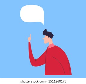 Joyful young man pointing up index finger. the empty thought bubble bulb above him. Idea, innovation, imagination, creativity concept illustration in vector flat cartoon style