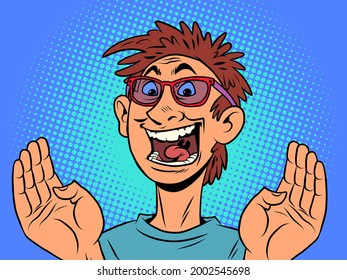 The joyful young man shouts. Emotions happiness is positive. Human face