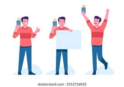 Joyful young man shows his passport tickets or boarding passes. Happy tourists holding blank board. Jumping and smiling guy. Holiday vacation. Trip documents. Vector
