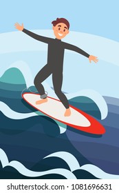 Joyful young man surfing on ocean waves. Extreme water sport. Active summer recreation. Colorful flat vector illustration