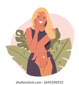 Joyful young woman character showing engagement ring luxury adornment on finger accepting marriage proposal touching cheek with hand feeling excitement cartoon scene bubble design vector illustration
