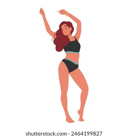 Joyful Young Woman Dances At A Beach Party, Her Hair Flowing And A Smile On Her Face. Female Character Captures The Essence Of Summer, Freedom, And Youthful Energy. Cartoon People Vector Illustration