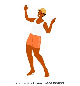 Joyful Young Woman Dances Under A Sunny Summer Sky At A Lively Beach Party. Character Wearing Casual Beachwear And A Cap, With A Smile That Lights Up The Moment. Cartoon People Vector Illustration