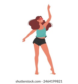 Joyful Young Woman Dancing Freely At Beach Party with Expression Of Happiness And Carefree Attitude, Highlighted By Casual Summer Attire And Stylish Sunglasses. Summer Fun And Freedom Vector Concept