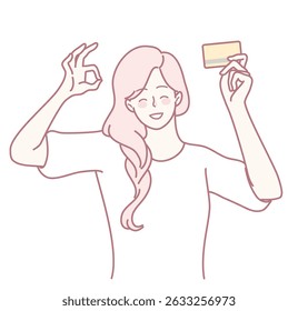 A joyful young woman displaying a credit card with a positive gesture, representing online shopping.
