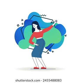 Joyful young woman enjoying party. Cartoon young woman in casual dancing and having fun flat vector illustration. Celebration, joy, disco concept for banner, website design or landing web page