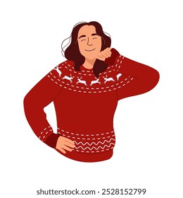 Joyful young woman in festive red sweater with winter holiday print. Girl in Christmas sweater exudes holiday cheer and laughter Vector female character in winter clothes with traditional design