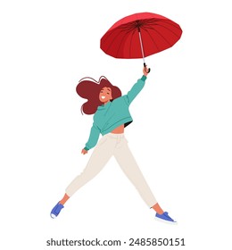 Joven Alegre Volando Con Un Paraguas Rojo. Personaje Femenino Lleva Ropa Informal Y Muestra Una Expresión Encantada, Exudando Felicidad Y Libertad. Alegría, Libertad Y Aventura. Ilustración vectorial